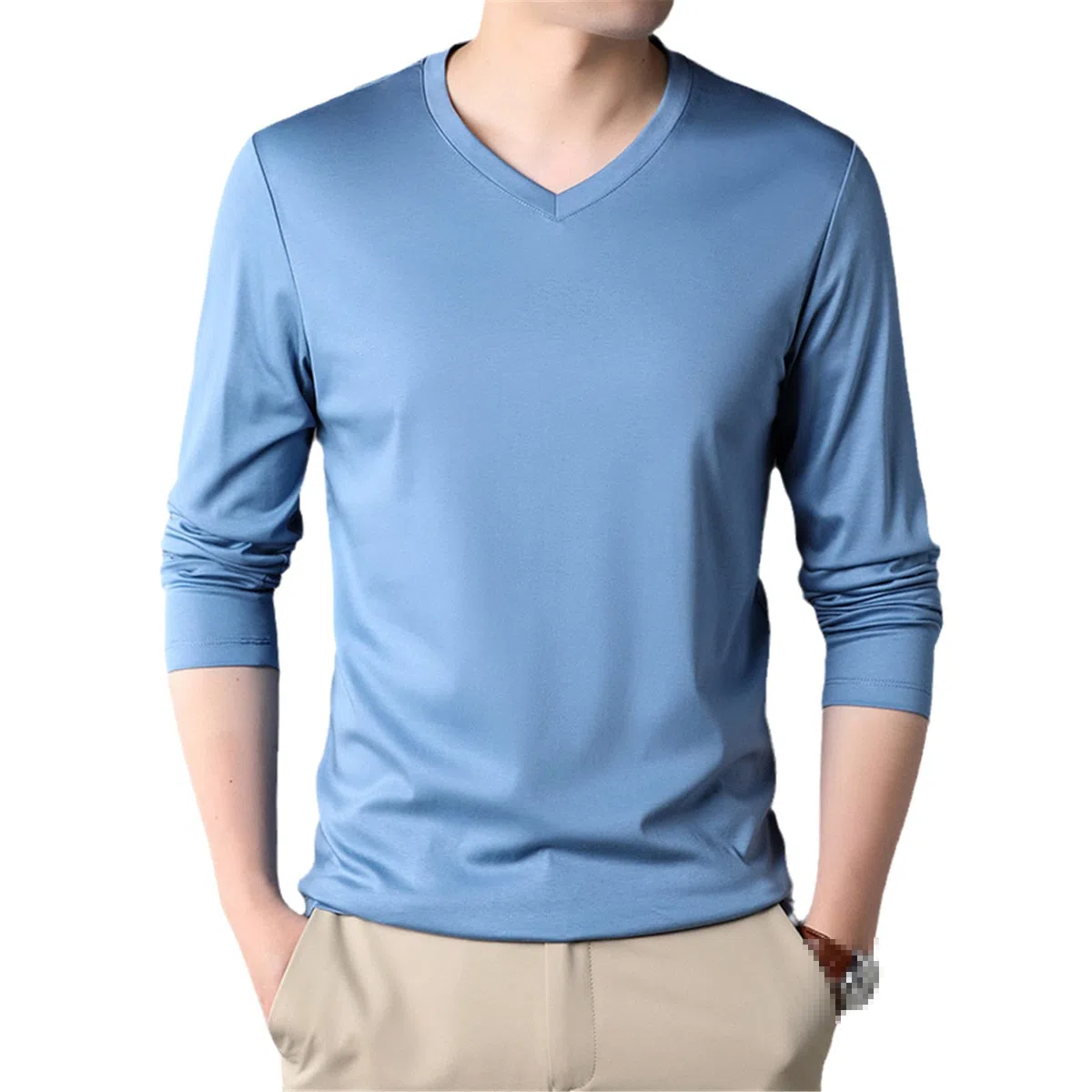 Moda cuello en V Color sólido algodón suave camiseta hombres manga larga Tops casual ropa para hombre, azul, XXL