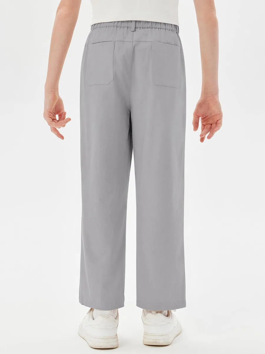 Haloumoning Pantalones de cintura elástica para niños, uniforme escolar, pantalones de sarga de algodón con bolsillos, 5-14 años