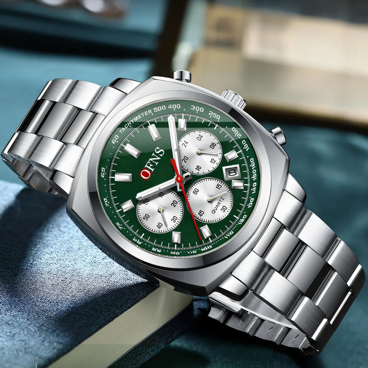 Reloj de pulsera de cuarzo para hombre, correa de acero, calendario, seis pines, tres ojos, impermeable, esfera cuadrada