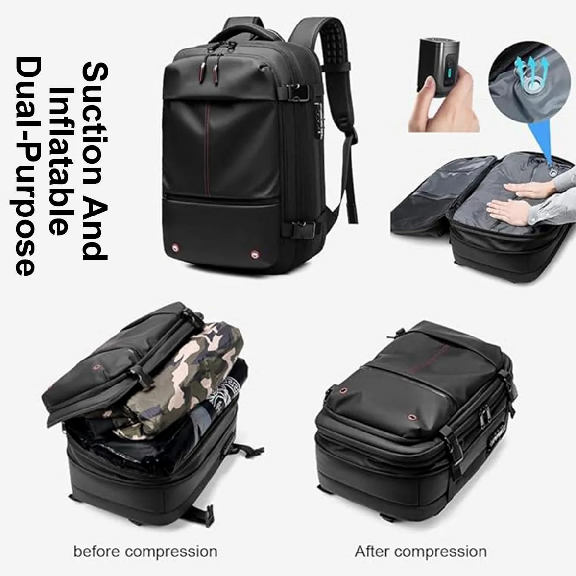 Mochila, Equipaje De Mano, Bolsa De Avión, Airbag De Vacío, Mochila De Viaje, Mochila De Mujer, Mochila De Viaje Al Vacío con Bomba, Impermeable, Maleta De Vacío For Hombre.(Noir,Air Pump)