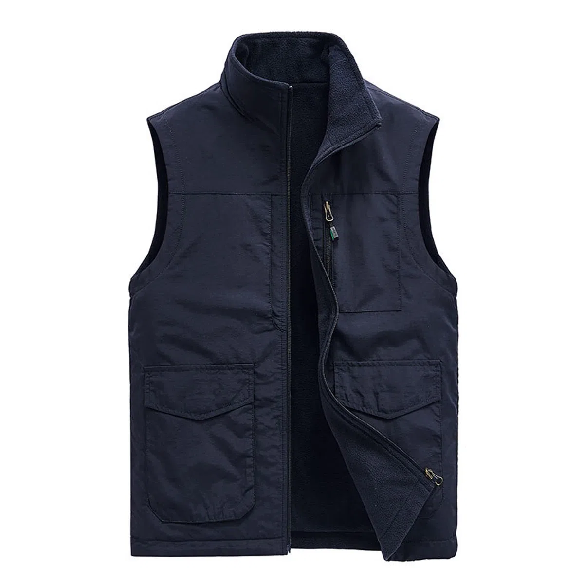 Chaleco de forro polar reversible con múltiples bolsillos para hombre Outwear al aire libre casual con cremallera chaleco de pesca chaqueta reporteros fotografía viaje abrigo azul-L