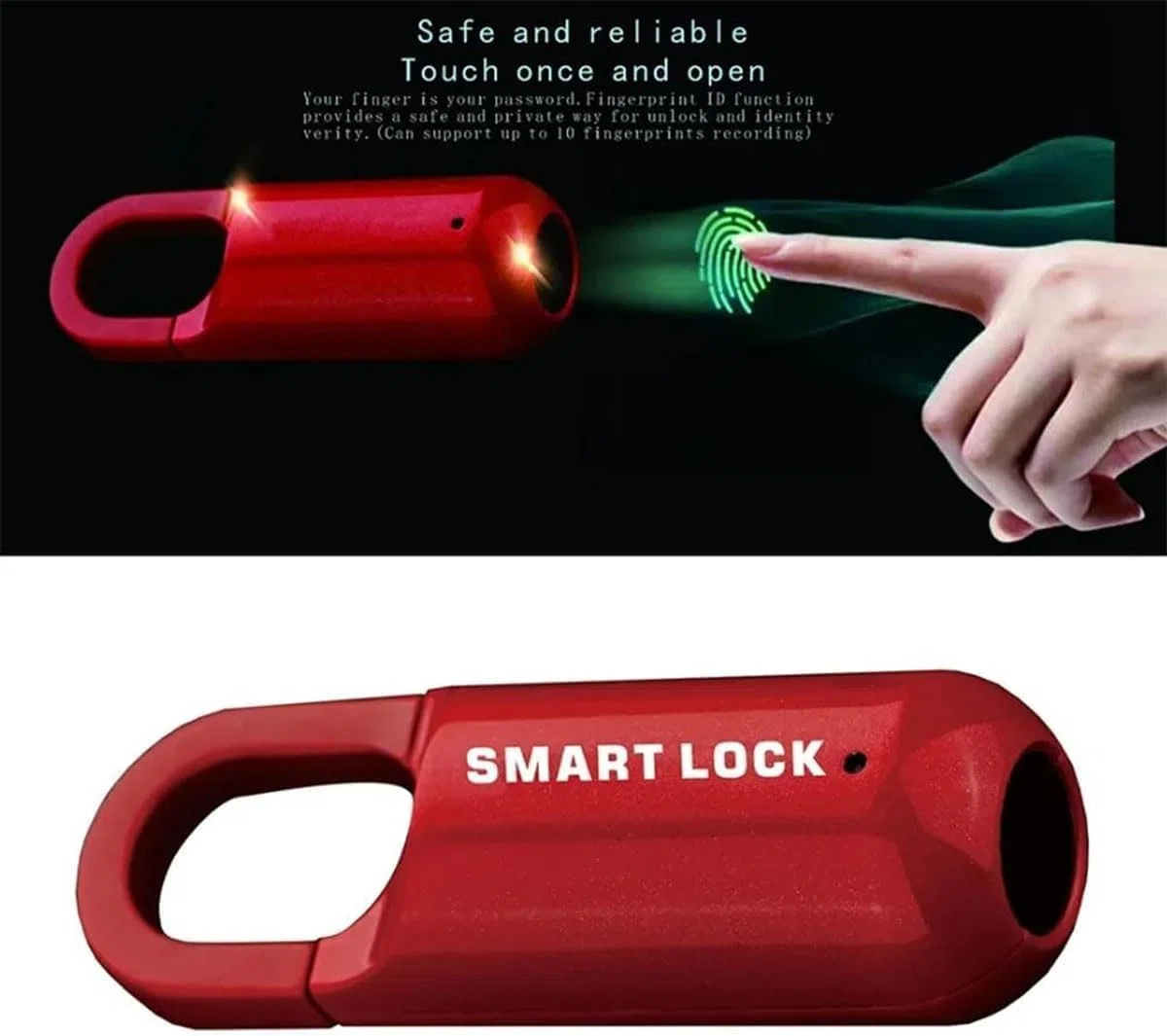 Candado Inteligente con Huella Dactilar: Cerradura Biométrica Sin Llave con Carga USB para Taquillas De Gimnasio De Alta Seguridad, Cobertizos, Trasteros, Equipaje Y Maletas. Black+Red