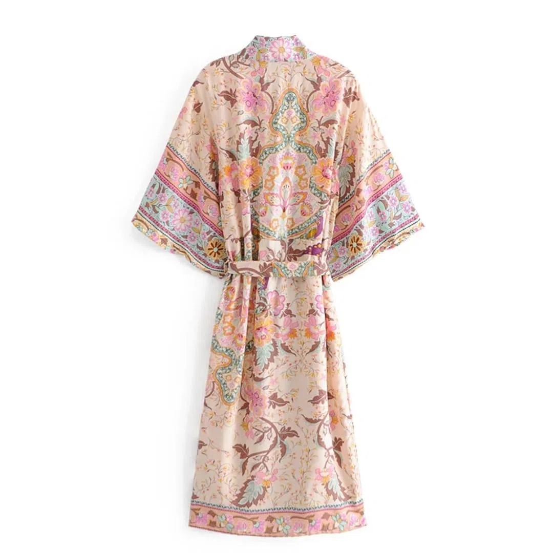 Bata kimono bohemio con estampado de manga murciélago para mujer, cuello en V, para verano