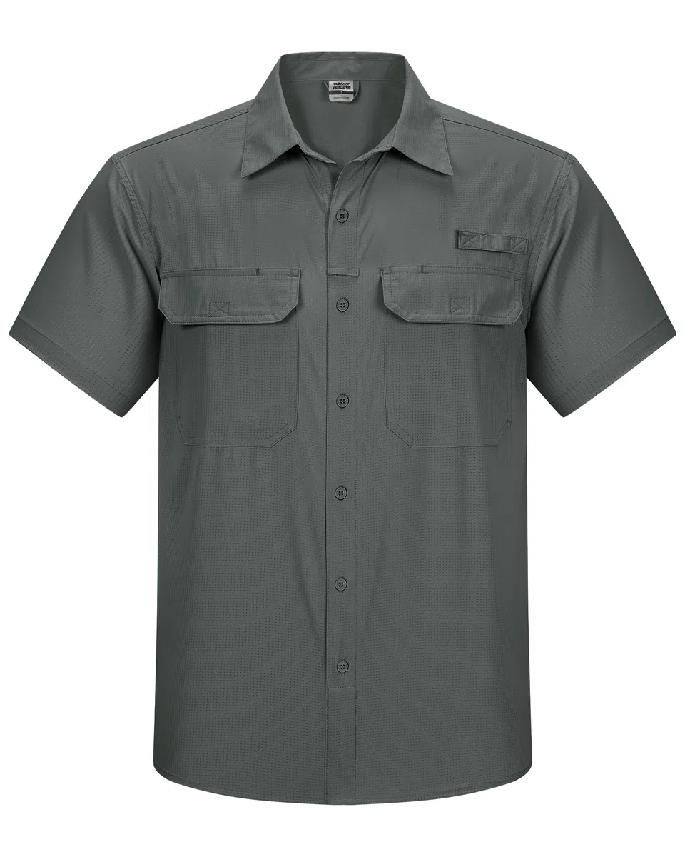 Outdoor Ventures Camisa de Pesca Ligera de Manga Corta para Hombre, UPF 50, con Botones, de Secado rápido, para Senderismo, Viajes, Safari, Gris Sombra, Small
