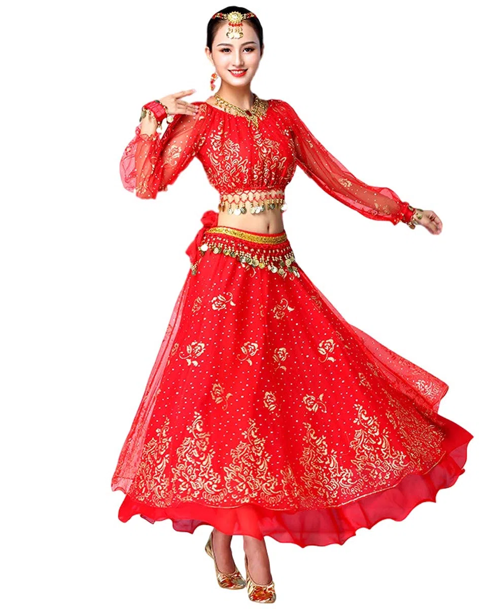 Bollywood Indio para Mujer de Manga Larga Anarkali Lehenga Choli Saree Vestido Rojo árabe Princesa Danza del Vientre Falda Trajes Traje (Rojo, 150-170 cm, 45-70 kg)