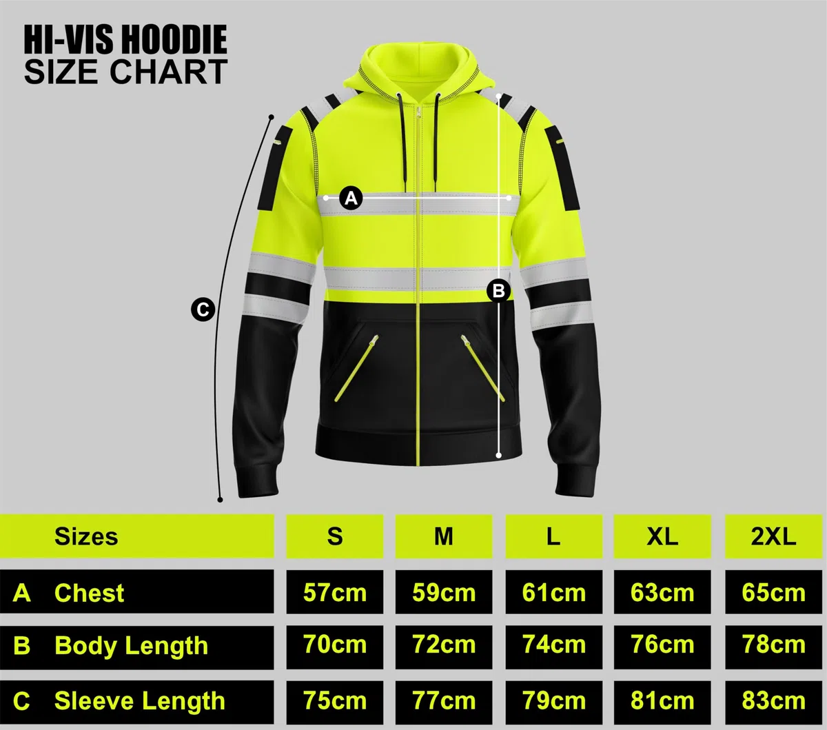 MyMixTrendz Mens Hi Vis Zip Up Multi Zipper Pockets Safety Work Wear Hoodie Reflective Tape High Viz High Visibility Zipper Hoodie Sweatshirt S-2XL