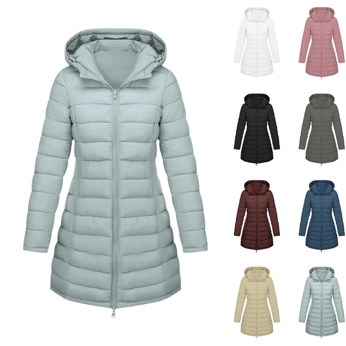 Abrigo largo de invierno para mujer, chaqueta acolchada ligera con capucha, cremallera, resistente al viento, con bolsillos, longitud media, acolchada, parka térmica, abrigo para senderismo, escalada