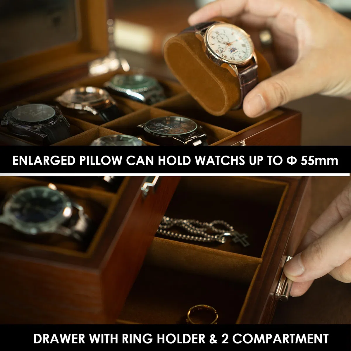 Slege Caja para Relojes Hecha a Mano de Madera, 6 Compartimentos y 2 Niveles con Cajón, Tapa de Madera con Ventana de Vidrio, Organizador Grande, Regalo Elegante para Hombre y Mujer