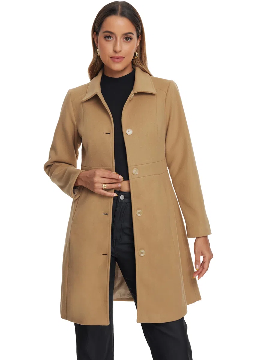 Allegra K Abrigos de solapa para mujer, con botones, botonadura simple, manga larga, elegante abrigo de invierno