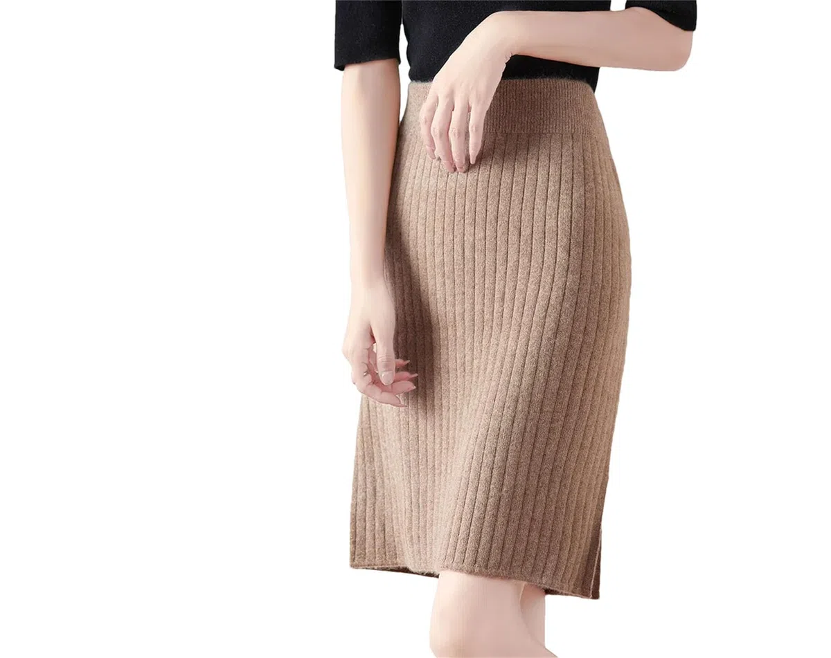 Falda de punto para mujer, falda de lana, parte inferior plisada, lisa, vestido de oficina por encima de la rodilla