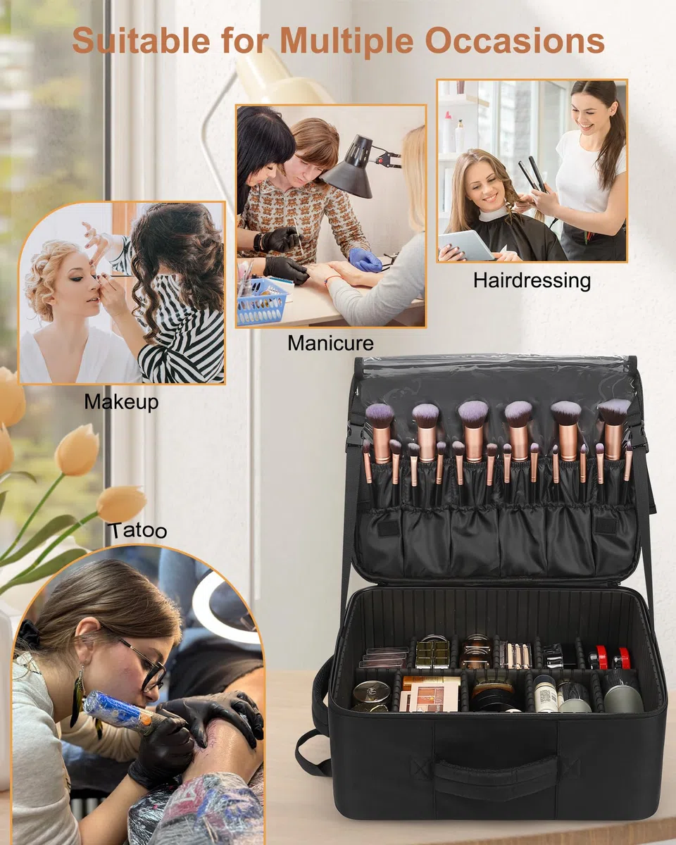 Relavel Mochila de maquillaje XL, estuche profesional de viaje para artistas de maquillaje, con 4 bolsillos transparentes, caja organizadora de pinceles con separadores para cosméticos, herramientas