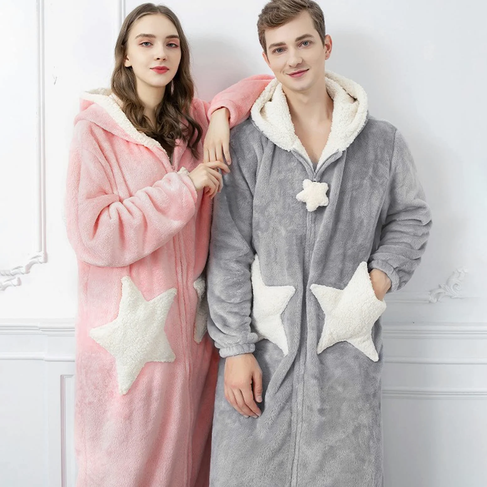 Bata larga de forro polar para mujer, albornoz de franela de forro polar para invierno, cárdigan grueso, kimono de felpa, bonito abrigo, bata de baño, camisón con cremallera, ropa de dormir