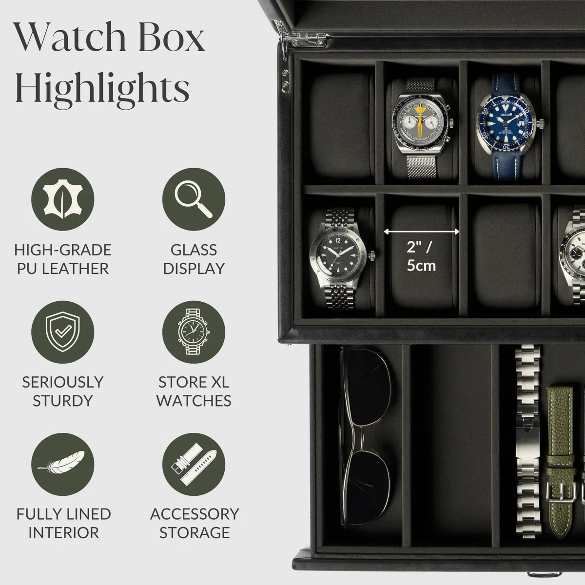 TAWBURY Caja de reloj de 12 ranuras con cajón de almacenamiento, caja de reloj de piel sintética negra de alta calidad para hombre, fácil apertura con una sola mano, interior de terciopelo de felpa