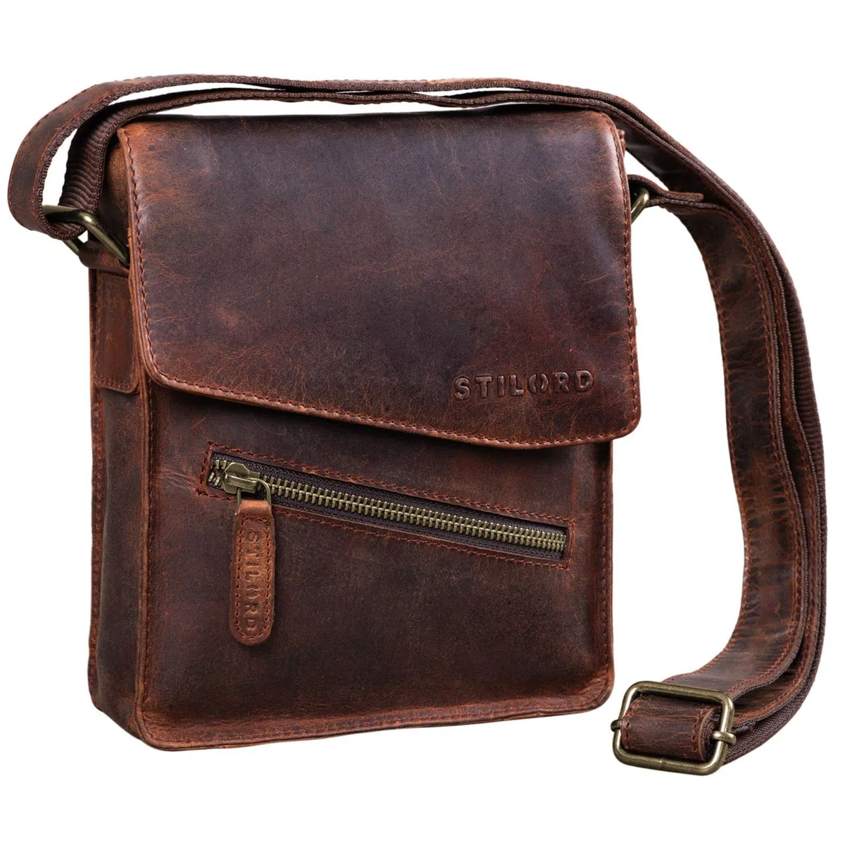 STILORD Steve Bolso Mensajero Hombre Pequeño Piel Vintage para Hombres Bolsa de Hombro o Bandolera para Smartphone o Tablet Cuero Auténtico Color:Antiguo - marrón