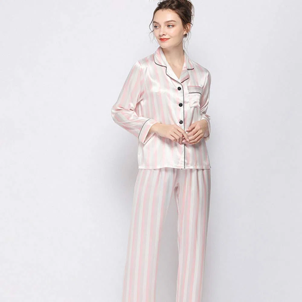 Pijamas De Mujer,Pijamas De Satén De Seda Sexy Con Cuello En V Rayas Rosas Manga Larga Con Botones Ropa De Dormir Ropa De Dormir Conjuntos De Pijamas Finos Y Suaves Ropa De Hogar Informal,Rosa,S
