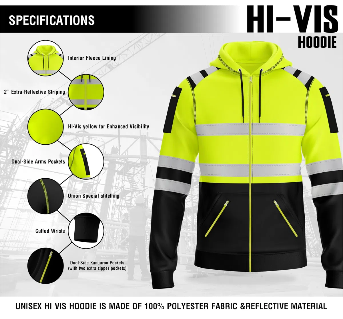 MyMixTrendz Mens Hi Vis Zip Up Multi Zipper Pockets Safety Work Wear Hoodie Reflective Tape High Viz High Visibility Zipper Hoodie Sweatshirt S-2XL