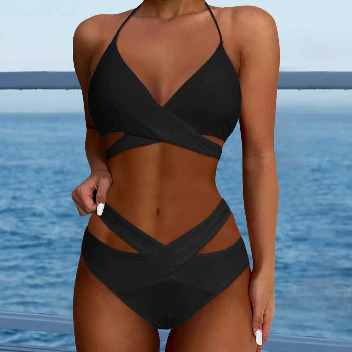 Conjuntos De Bikini Dos Piezas for Mujer, Talle Alto, Traje Baño Push Up, Cruzado, Negro, XXL