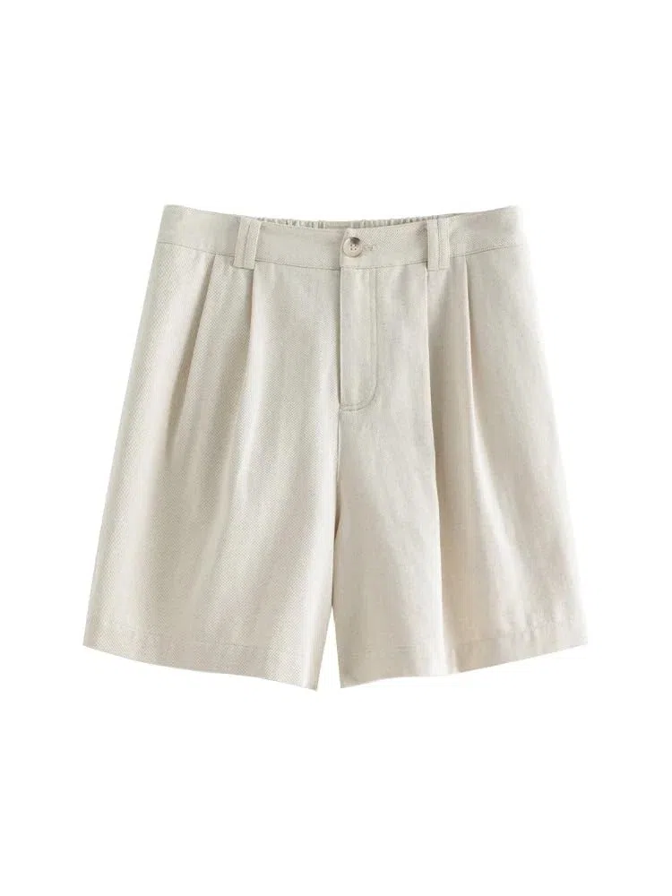 Pantalones cortos casuales de verano para mujer, cintura alta, elásticos, para la oficina, beige, L