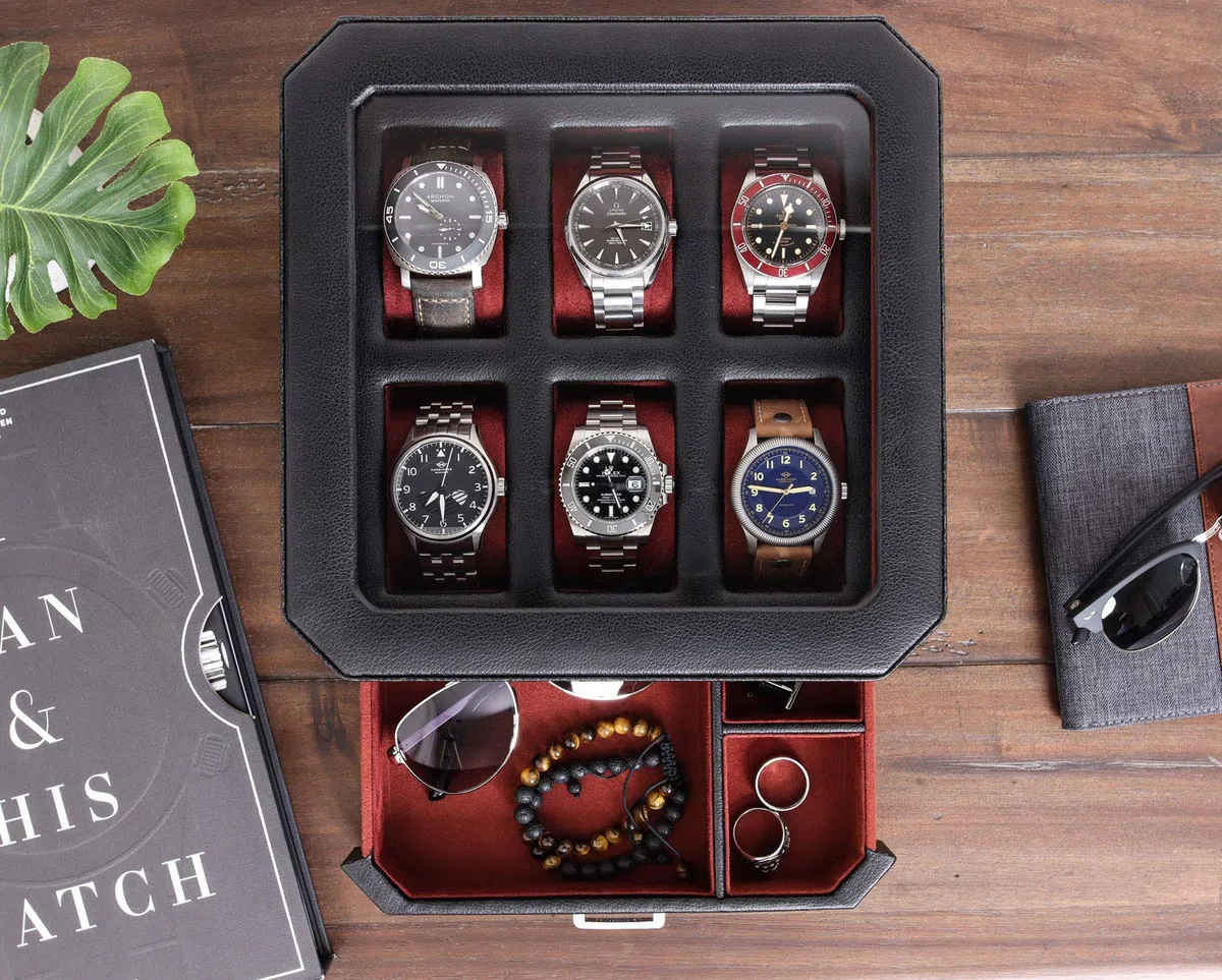ROTHWELL Caja de reloj de cuero de 6 ranuras con cajón de servicio, organizador de exhibición de caja de reloj de lujo, soporte para cajas de almacenamiento para hombres(negro/rojo)