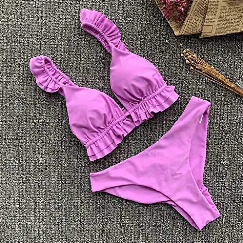Bikini Morado Brasileño Mujer Traje de baño Volantes Hombro Bikini Conjunto Cintura Baja Vendaje Traje de baño Traje de