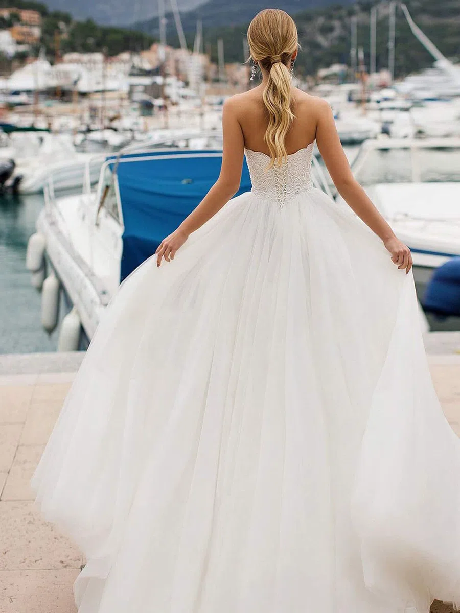 Vestido de Novia de Tul Largo de la Princesa Retro Vestido de Novia sin Tirantes para Hombros Vestido de Novia Elegante para Mujeres, Blanco, 46