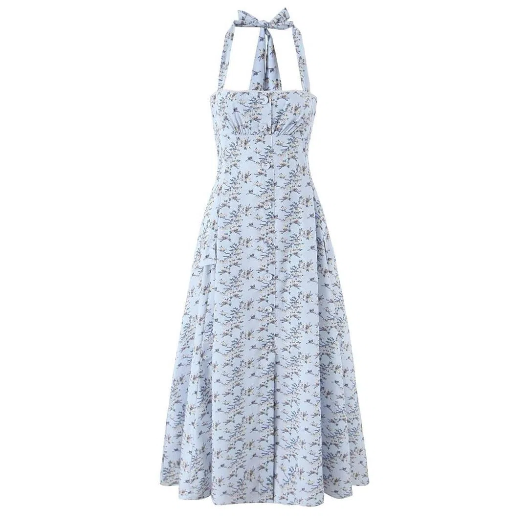 Vestido largo midi de algodón con estampado floral sin espalda para mujer