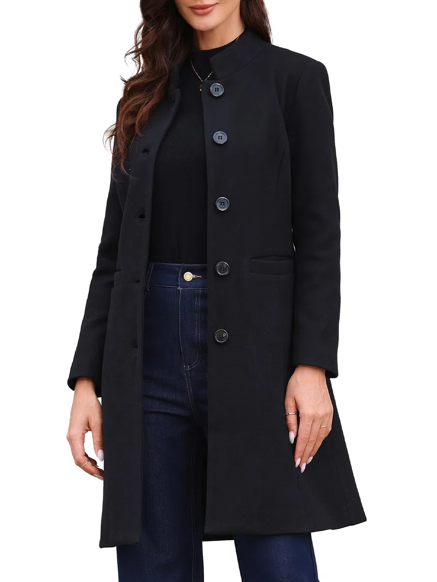 Allegra K Abrigo Medio con Cuello Alto para Mujer de Invierno de Botonadura Sencilla para Desplazamientos Diarios