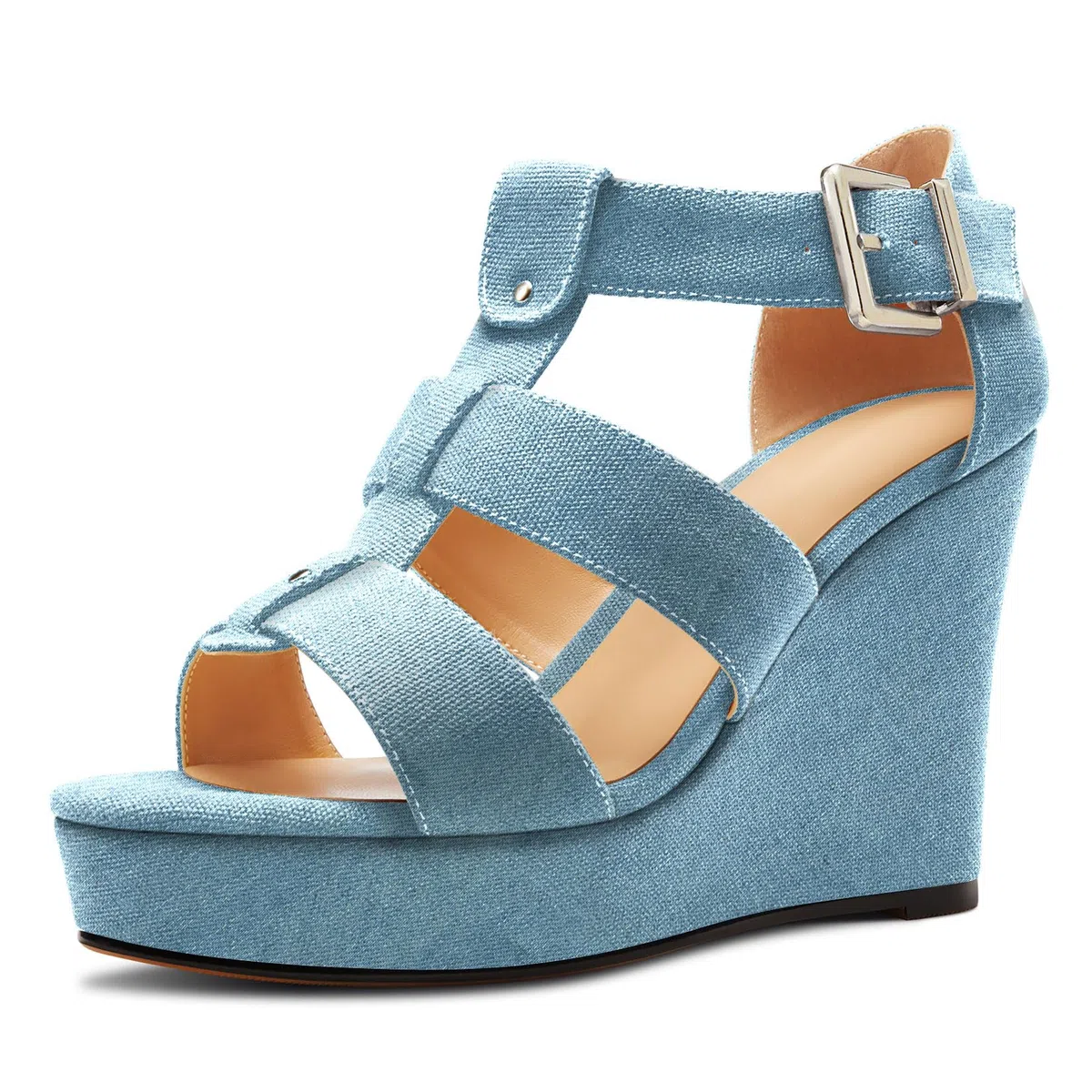 Saekcted Mujer Alto High cuña esparto Plataforma Heel Abierta Punta Sandalias Correa Tobillo Fiesta Denim Verano 10 CM Heels