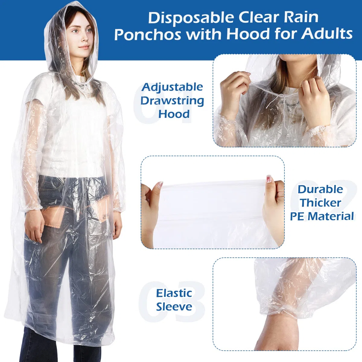 Berlune 50 ponchos de lluvia desechables para adultos, ponchos desechables gruesos a granel con capucha, ponchos de emergencia para acampar parque temático, transparente