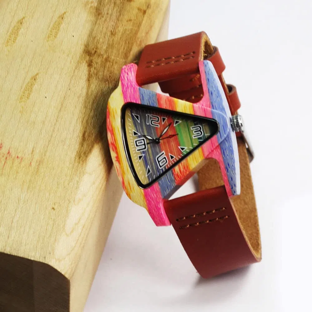 Relojes de madera para mujer y mujer, diseño de triángulo, reloj de madera, ligero, hecho a mano, de madera, reloj de pulsera de cuarzo para hombres y mujeres, reloj de pulsera, colorful bamboo