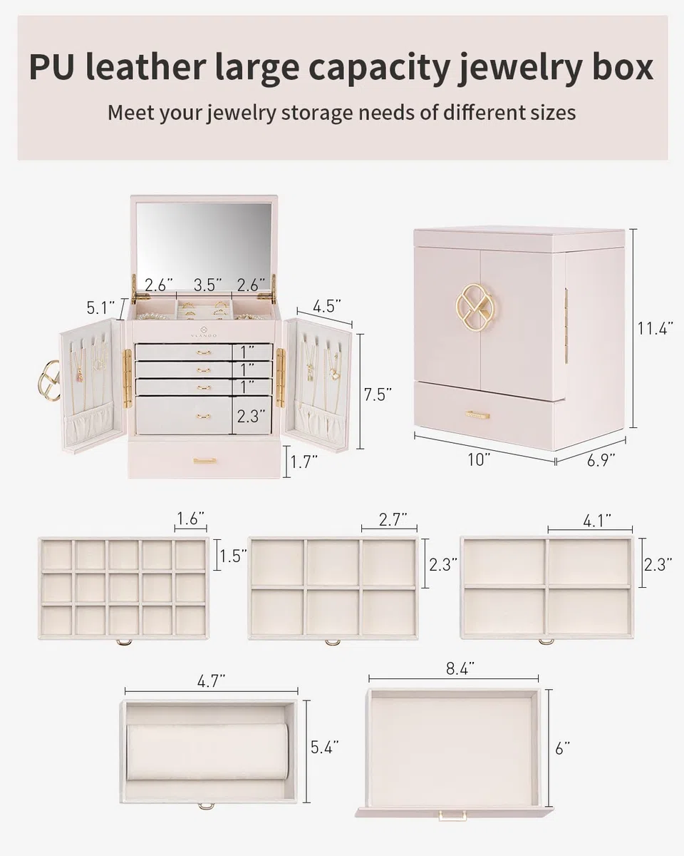 Vlando Joyero para mujer, organizador de joyas con 5 dibujos, cajas de joyería de piel sintética para mujeres y niñas, collar y anillos, caja de almacenamiento color blanco albaricoque