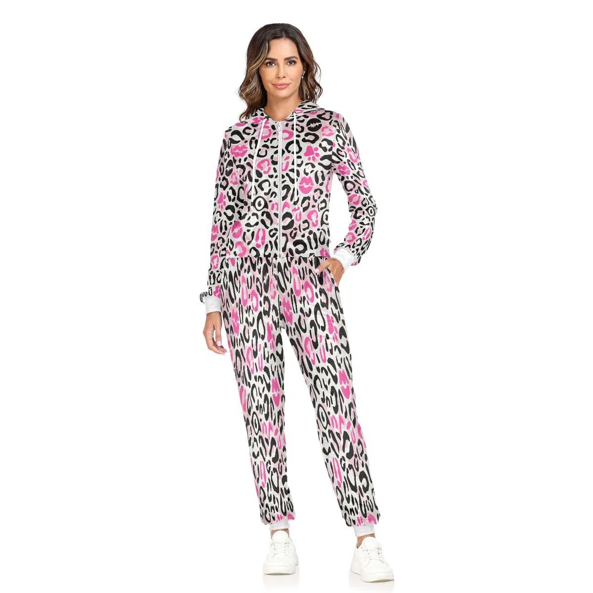 Conjunto deportivo de 2 piezas para mujer, diseño de labios besados, piel de leopardo, conjunto deportivo de manga larga, conjunto deportivo de piel de animal