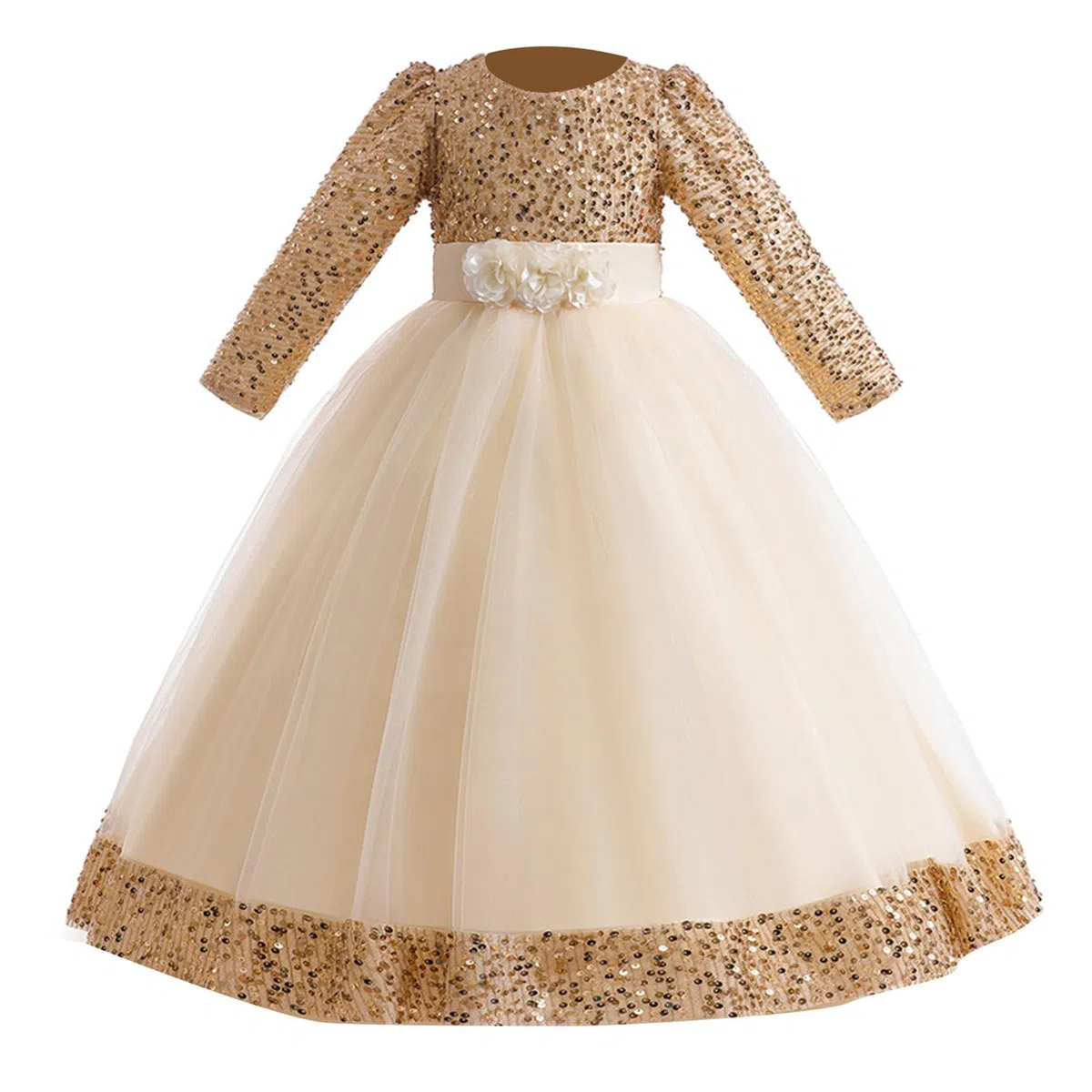 2027-Vestido de Noche Infantil con Volantes Bordados Tul Estampado y Mangas largas para niñas pequeñas Ideal como Prenda Princesa navideña