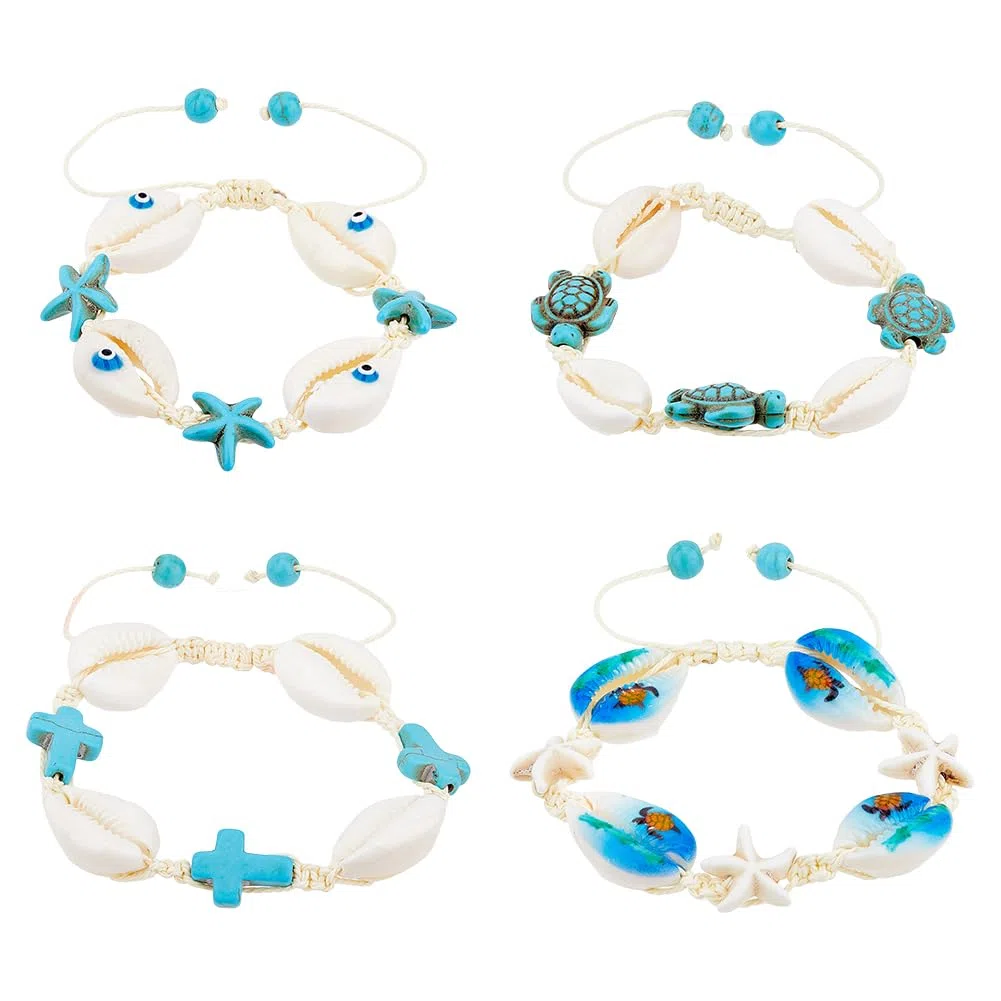 SUPERFINDINGS 4 estilos de pulseras de concha natural, 4 unidades, pulseras de conchas marinas tejidas a mano, pulseras ajustables de estrella de mar, pulseras de tobillo de mal de ojo, pulseras de