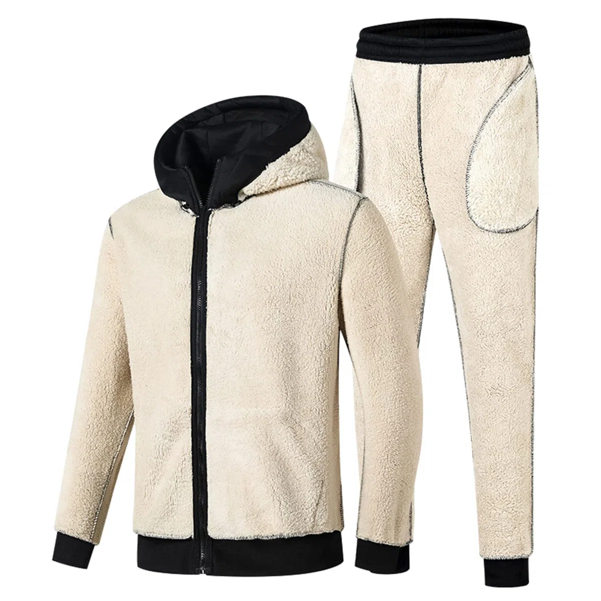 Genérico Hombre casual cálido felpa sólida dos piezas traje cremallera bolsillo sudaderas con capucha abrigo cordón pantalones conjunto