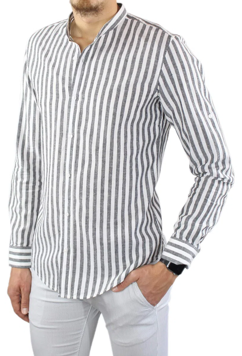 Camisa de lino para hombre Coreana a rayas negras de 100% lino Slim Fit elegante de manga larga a rayas