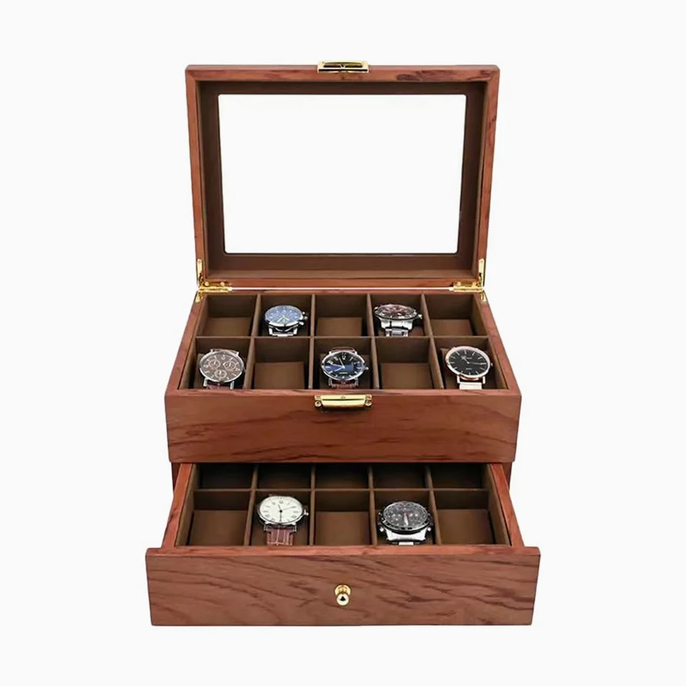 Caja para relojes con 20 compartimentos, caja de madera con tapa transparente, 29 x 21,5 x 16 cm, joyero para niñas, para relojes y joyas, regalo