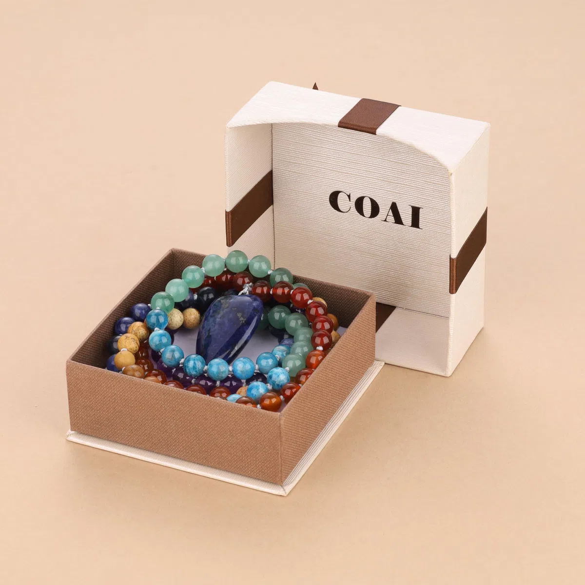 COAI Collar Rosario Japa Mala 108 Cuentas de Piedras Naturales Anudadas a Mano y Colgante Corazón Estilizado, Collar Piedras Naturales Hombre Mujer
