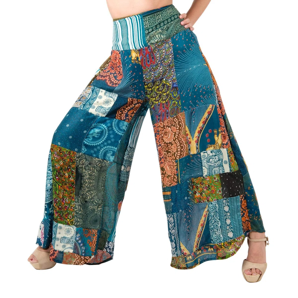 Lofbaz Pantalón harén Palazzo de Pierna Ancha con Patchwork para Mujer