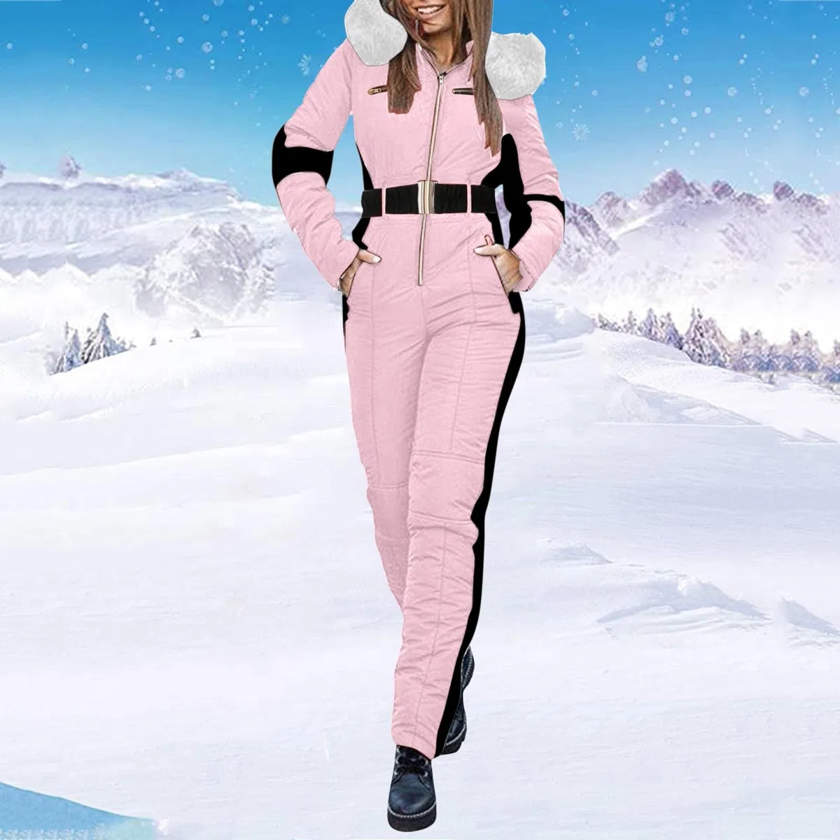 Mono de esquí para mujer, mono de esquí de una pieza, para invierno, cálido, resistente al viento, a prueba de viento, mono de esquí, con capucha, con cremallera, traje de nieve para deportes