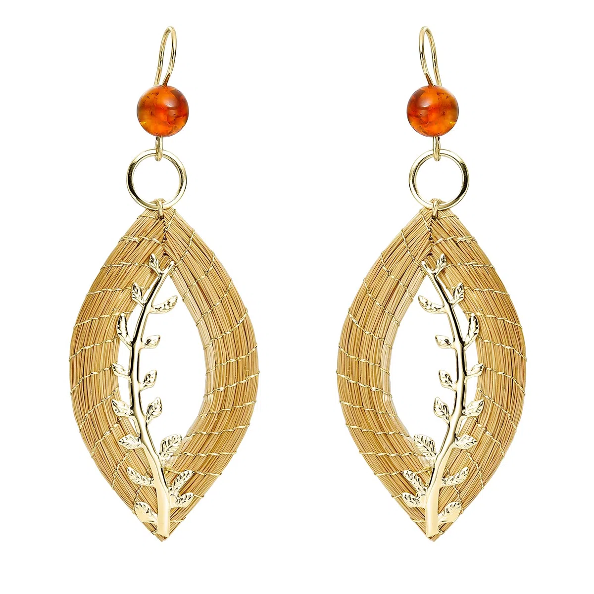 Pendientes Hoja Abierta de Oro Vegetal con Ámbar 55 mm - Vera Navarro | Joyería de Fibra Natural