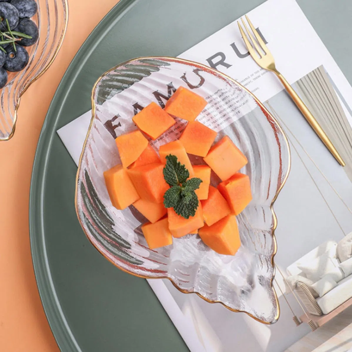 Genérico Bandejas Transparentes Doradas para Joyas y Frutas, Juego de 4 Piezas Diseño Marino, Bandeja Multiusos de Vidrio para Exhibición y Almacenamiento en Hogar, Hotel y Restaurante