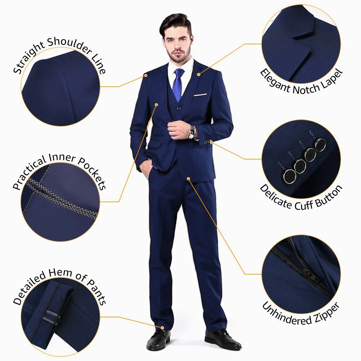 YND Conjunto de traje de 3 piezas para hombre, ajuste delgado, 2 botones, chaqueta, chaleco, pantalones y corbata