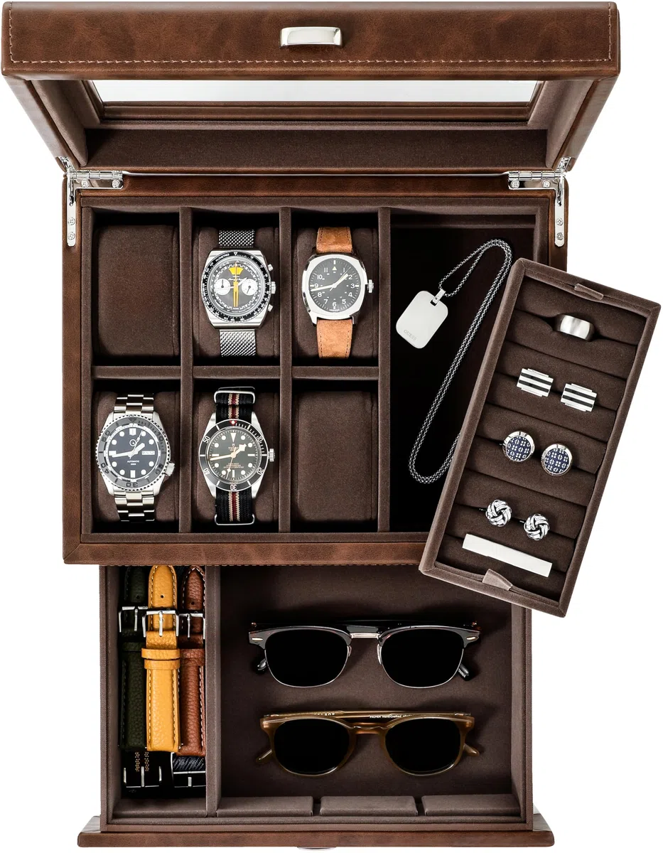TAWBURY Estuche de Cuero Vegano para 6 Relojes y Joyería para Hombre - Organizador y Caja de Almacenamiento