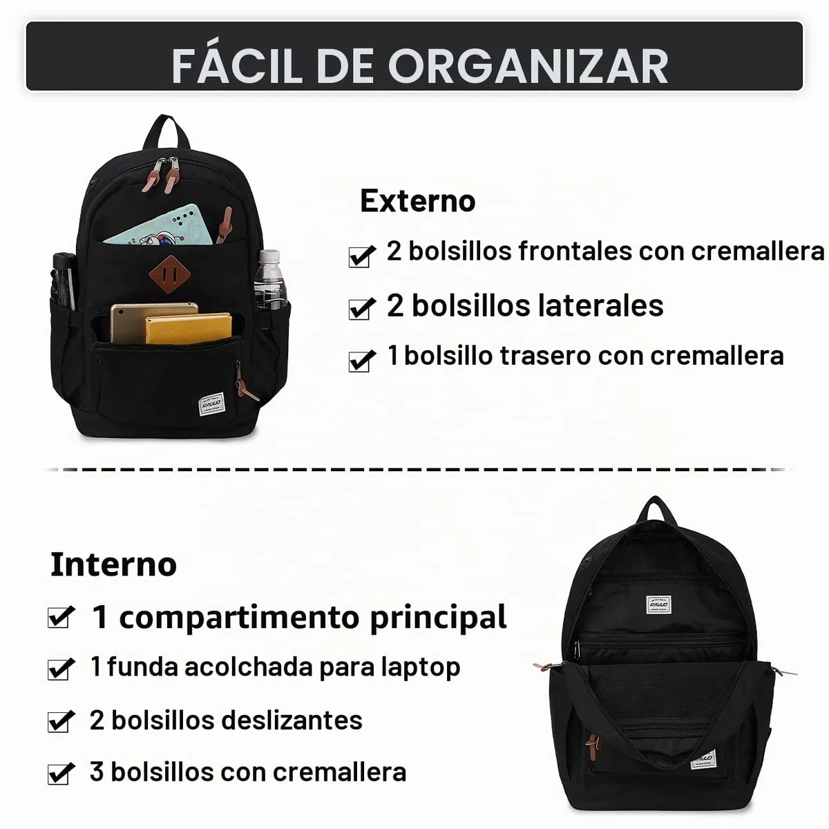 Mochila Escolar,RAVUO Casual Mochila Hombre Impermeable Mochila Escolar Adolescente Chico Grande 20 Litros Mochila Instituto Ligera Mochila Portatil 15.6 Pulgadas para Universidad Viaje Trabajo,Nergo