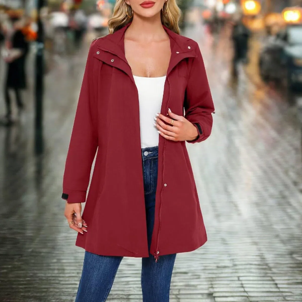 Generisch Poncho de lluvia para mujer, largo, impermeable, con capucha, transpirable, cortavientos, chaqueta de manga larga con cremallera, chaqueta ligera para el tiempo libre