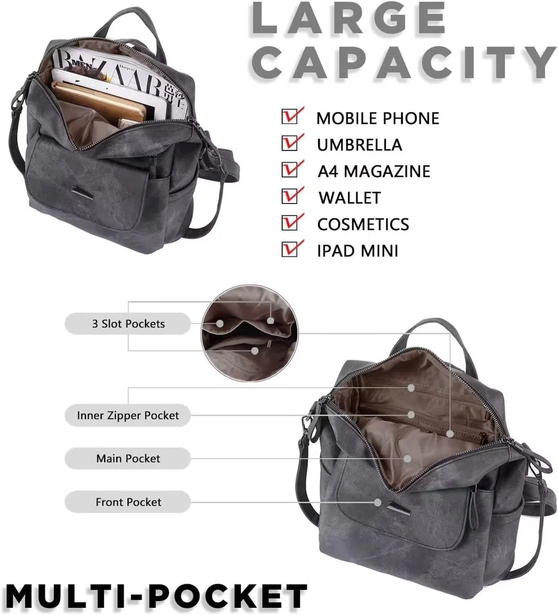 WYFJNX Mochila de piel sintética para mujer, diseño multiusos, bolso de hombro para mujer, mochila de viaje, Negro -, 12“*11“*5“, Mochilas de viaje