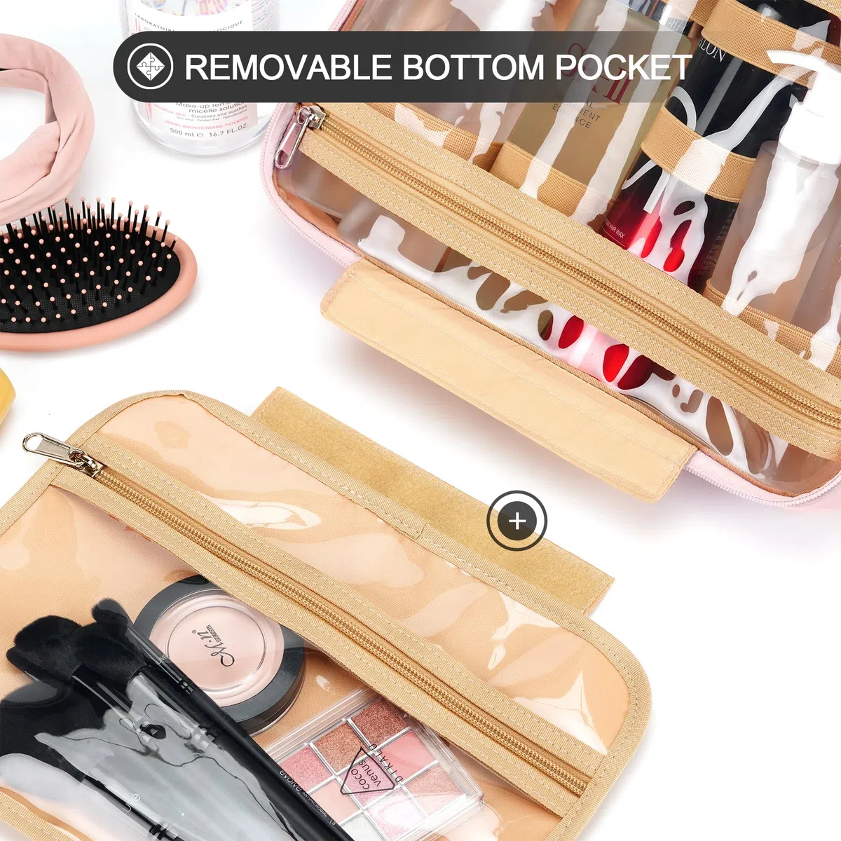 COOSKY Neceser colgante de viaje para mujer, con capacidad para champú de tamaño completo, con compartimento organizador de joyas, bolsa de maquillaje extragrande, bolsa de cosméticos impermeable,
