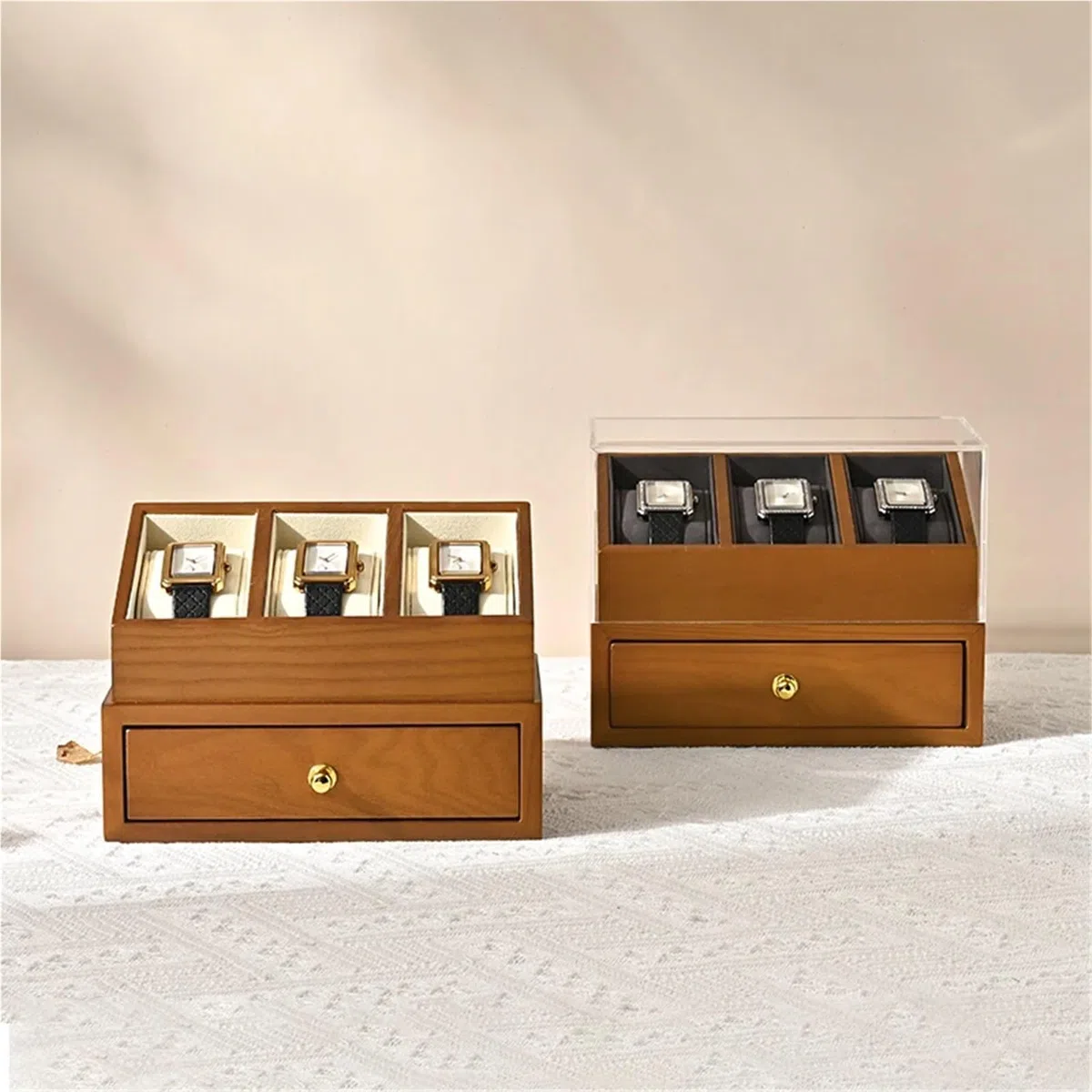 Caja De Relojes De Madera Maciza Caja de reloj madera 3 rejillas, organizador joyas doble capa, almacenamiento muñeca, cubierta a prueba polvo, relojes
