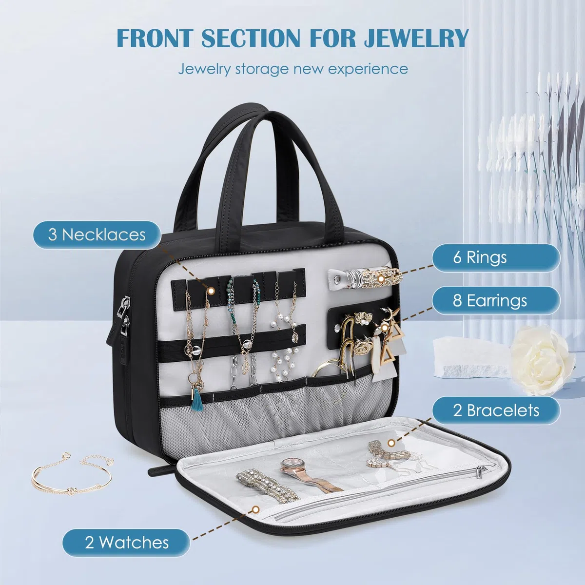 Neceser de Viaje con Organizado rde Cosmético, Bolsa de Aseo Colgante para Artículos de Tocador, Bolsa de Maquillaje Hinchada, Negro, 8.6L